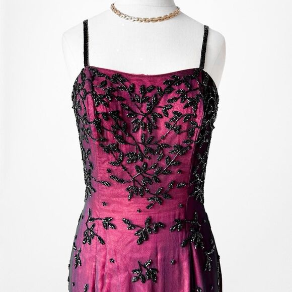 Vintage Pink Black Silk Floral Beaded Bodycon Maxi Formal Prom Dress Size S/M - Picture 4 of 7